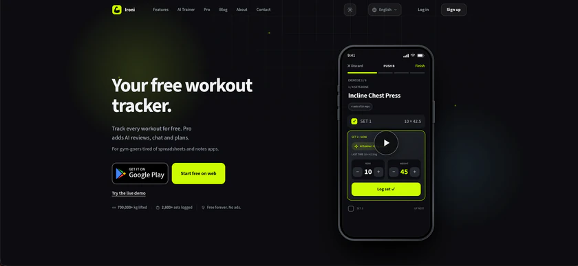Screenshot of Ironi, an AI workout tracking web app built by Brillness